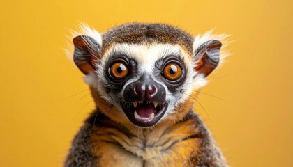 Fototapeta premium Intense Portrait of a Collared Brown Lemur Displaying Aggression on Yellow Backdrop