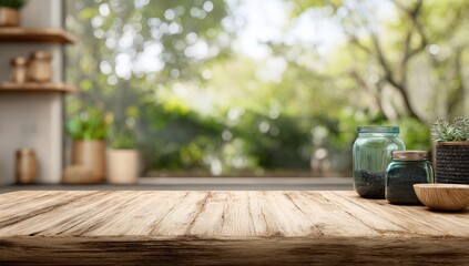 Rustic Wooden Table with Jars and Greenery View. © Wandrian
