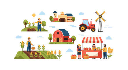 Farming and Agriculture Icon Set. Flat vector illustration featuring farmers, crops, red barn, tractor, windmill, and local farmers market scene.