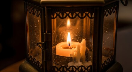 Candle Lit Inside Decorative Lantern Closeup.