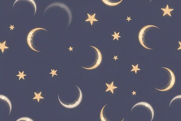 Fototapeta premium Golden crescent moons and stars pattern in whimsical fantasy style with soft glow on dark blue background for seamless wallpaper