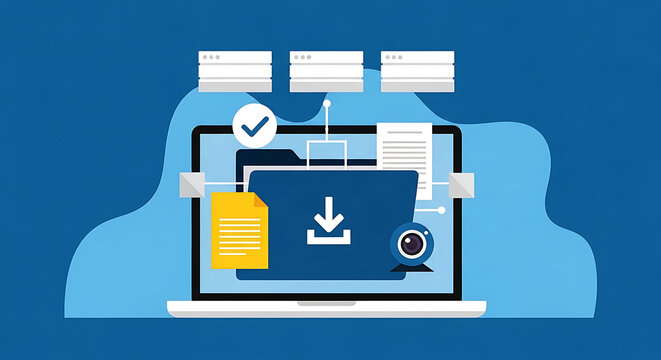 Digital file transfer process illustrated on a laptop screen with documents and download icon