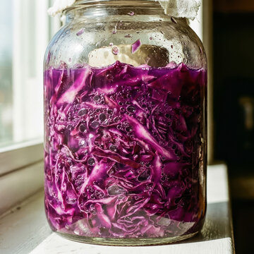 The process of making vibrant, healthy, probiotic-rich fermented red cabbage at home. A close-up of the active fermentation process.High quality photo