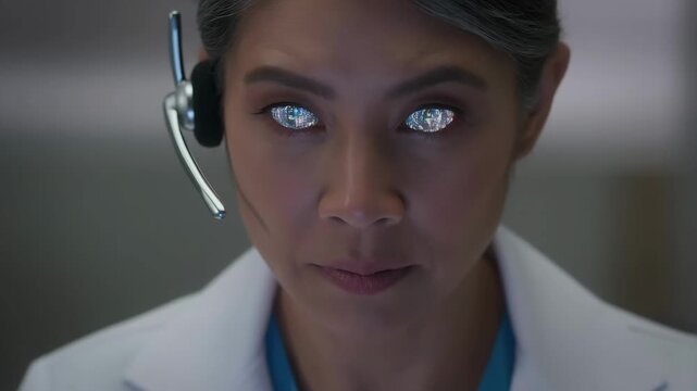 Woman with glowing digital eyes and headset