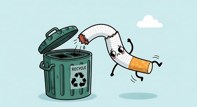 Cigarette being thrown away in recycling bin.