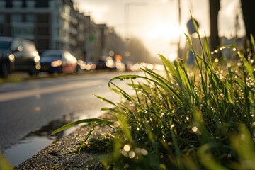 Naklejka premium Dew Drops on Grass Blades by City Street at Sunrise.