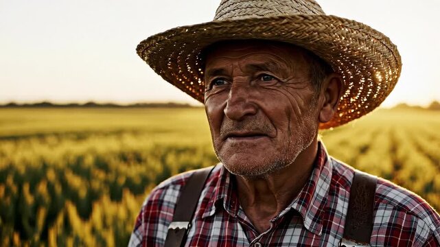 Elderly farmer with straw hat in golden wheat field at sunset. He enjoys tranquil nature scenery. Peaceful moment captures essence of rural life and farming.