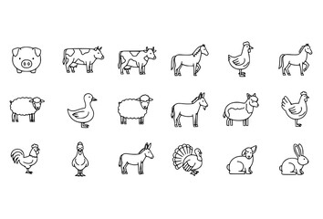 Farm Animals Thin Line Icon Set with Pig Cow Horse Sheep and Chicken Vector