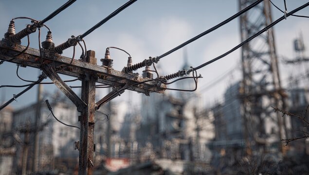 Close-up of an old, weathered electrical pole with wires against a blurred urban background.
