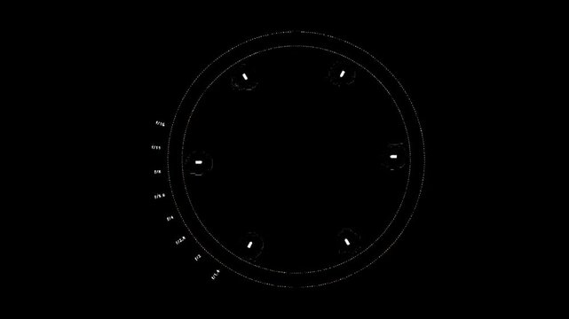 Futuristic camera lens hud with aperture scale and rotating indicators on dark background precision focus tech animation