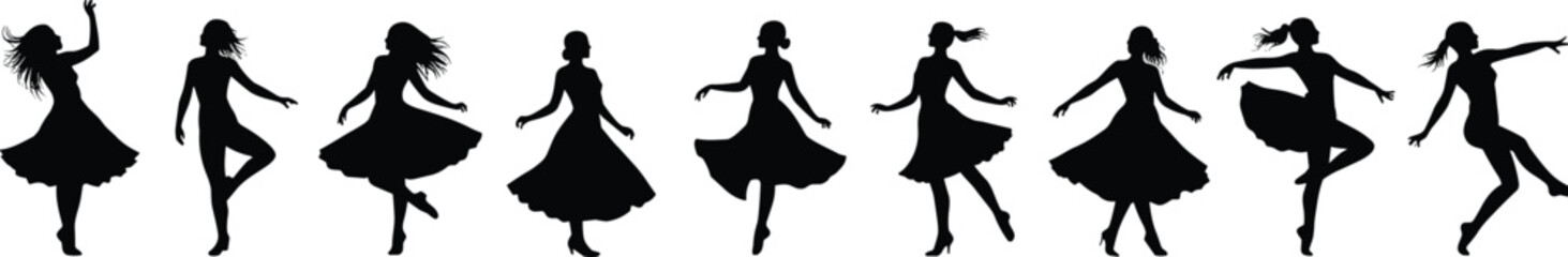 Silhouettes of dancing women, expressive movement, elegant poses, performing art, female dancers, black and white vector illustration, isolated style, modern dance graphic design