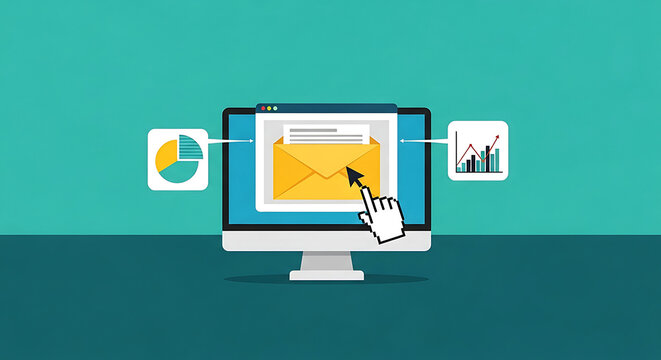 Engaging digital marketing concept illustration featuring a computer monitor displaying an open email, data analytics, and a clickable hand cursor for online business strategy and communication