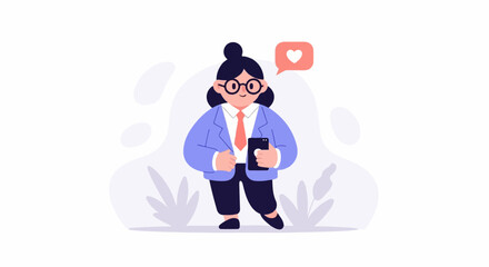 Fototapeta premium Cartoon person in business attire holding a phone with a heart icon indicating social media approval