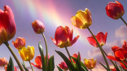 Fototapeta premium Vibrant Springtime Tulips with Rainbow against Bright Blue Sky