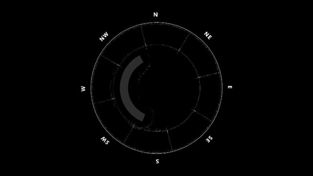 Futuristic compass hud interface with rotating circular scale and direction markers on dark background navigation tech animation