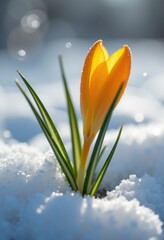 Fototapeta premium Crocus Breaking Through Thawing Winter Snow Melting Ground Spring Awakening Green Shoots