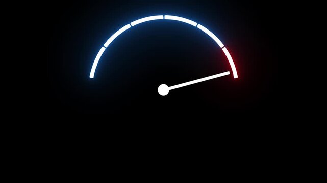 speedometer gauge with low, medium and high levels. Digital progress bar meter showing rising  on black background.