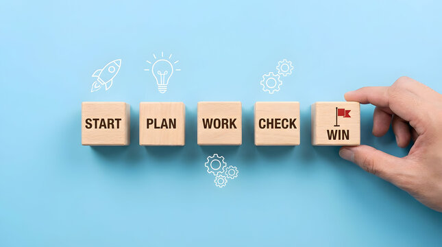 Step by Step Strategic Business Development and Goal Achievement Concept