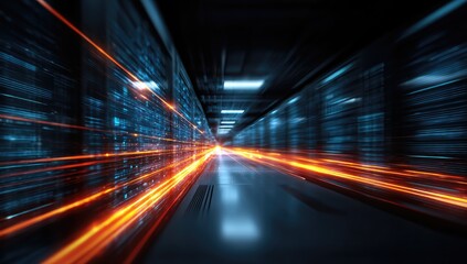 Abstract Data Center Server Room with Blurring Lights and Speed.