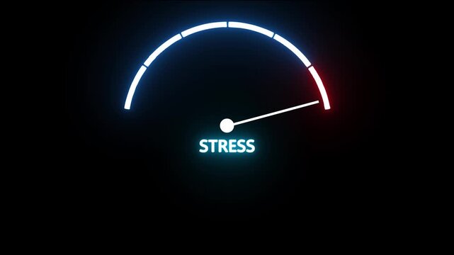 stress speedometer gauge with low, medium and high levels. Digital progress bar meter showing rising stress  on black background.