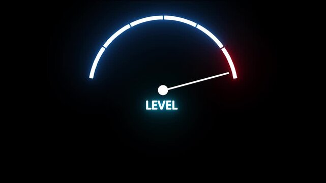 level speedometer gauge with low, medium and high levels. Digital progress bar meter showing rising level on black background.
