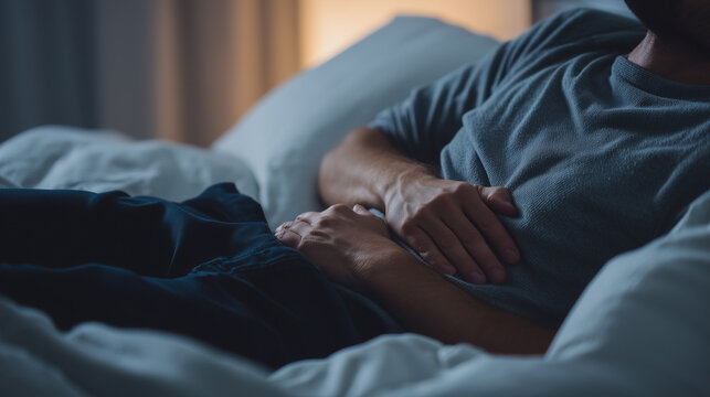 Man lying on bed at night holding his stomach in discomfort. Concept of nighttime stomach pain or digestive problems.