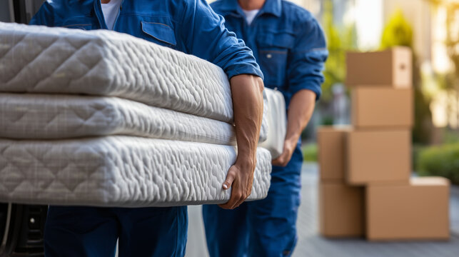 Two professional movers in blue uniforms carrying stacked mattresses outside a house. Moving service and relocation concept.