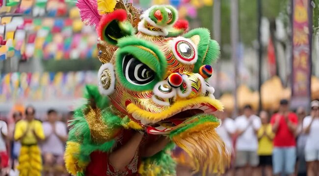 Vibrant lion dance performance in colorful festive setting
