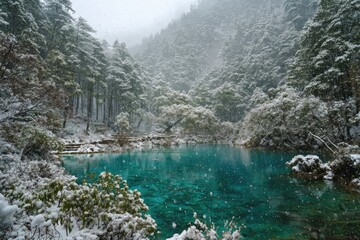 Stunning Winter Landscape with Turquoise Lake and Snow-Covered Trees.