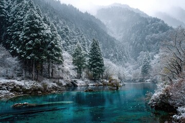 Stunning Winter Landscape with Turquoise River and Snow-Covered Mountains.