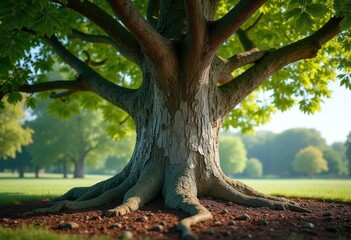 Obraz premium Sycamore Tree with Peeling Mottled Bark in Vibrant Park Setting Underclear Sky