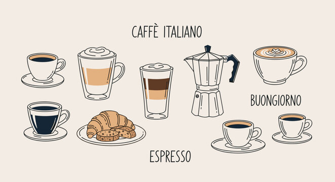 Caff&egrave; Italiano Coffee Illustration Set with Espresso Cappuccino Latte Croissant and Moka Pot Buongiorno