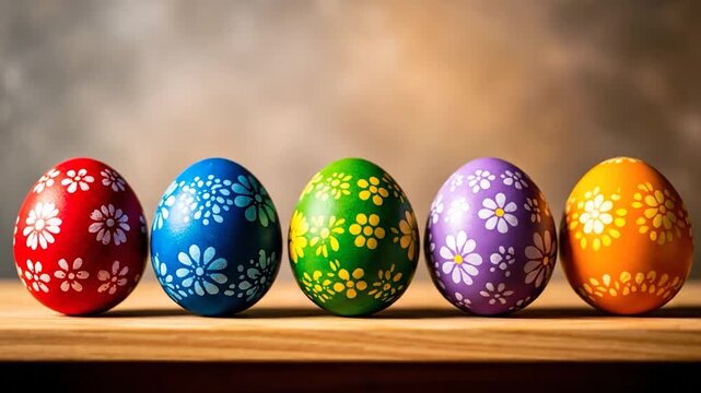 Five vibrantly colored, decorated eggs, arrayed on a wooden surface, with soft background