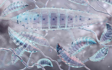 Microsporum canis fungus growing on a skin surface showing multicelled macroconidia and a hyphal network. This filamentous fungus belongs to the phylum Ascomycota and causes dermatophytosis in mammals