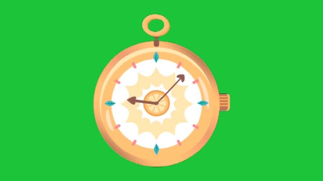 Animated pocket watch with decorative dial and moving hands on green background simple flat design time concept video