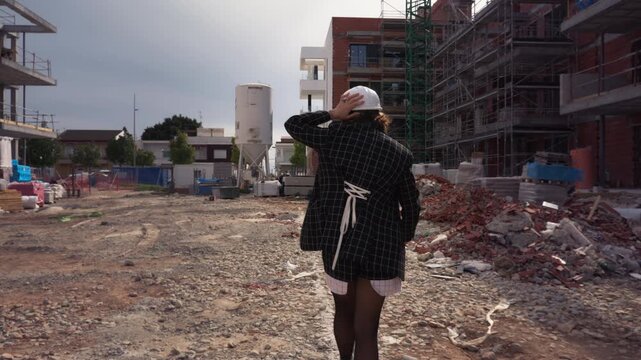 Rear view of female architect or engineer wearing white hard hat and walking through large construction site, inspecting progress of building under development.