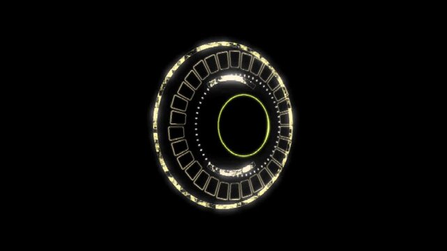 Futuristic glowing circular hud with digital rings and rotating elements on dark background high tech interface animation