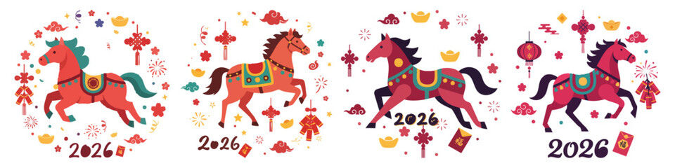 Horse With Ornaments Chines Horse New Year Lunar  Flat Vector Illustration on Transparent Background