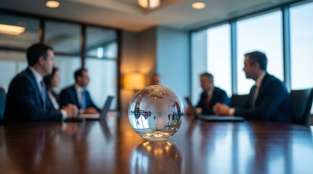 high-quality 3d rendering, intricate glass ball, conference room, businessmen, meeting, glass table, office chairs, overhead lighting, wooden furniture, focus on glass sphere