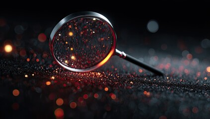 Magnifying Glass Over Glittering Particles on Dark Background.
