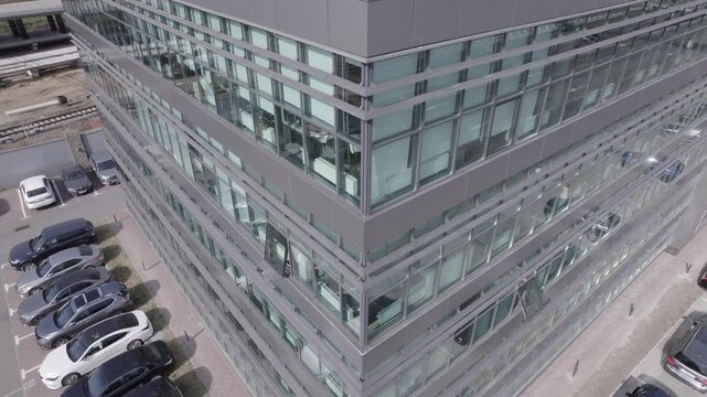 Upward tilt drone shot of office corner