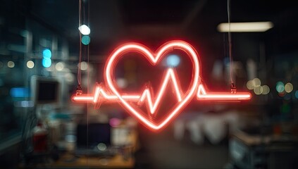 Glowing Neon Heartbeat Sign Reflecting on Glass Window.