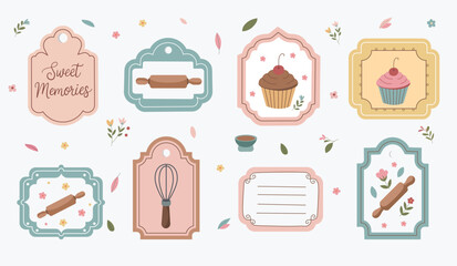 Easter vector frames and decorative labels with cupcakes, baking tools and floral accents. Vintage style template set perfect for holiday recipe cards, packaging, invitations and spring branding