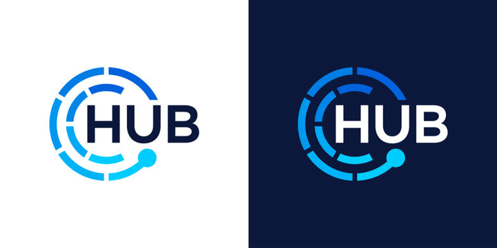 Hub logo design wordmark. Technology connection abstract dot, molecule and biotechnology system graphic design vector illustration. Symbol, icon, creative.