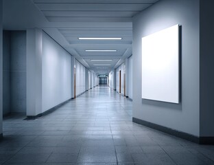 Modern Office Building Corridor with Blank White Poster Display.
