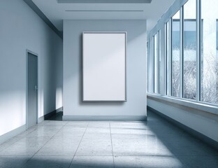 Modern Hallway with Blank Poster and Large Windows.