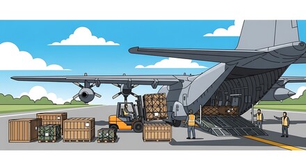 Naklejka premium Cargo Plane Unloading at Airport Tarmac.