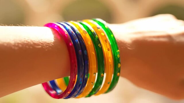 Colorful bangles adorn a person's arm