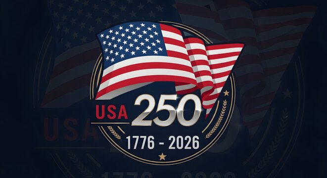 USA 250th Anniversary Semiquincentennial Logo with Waving American Flag and 1776-2026 Dates