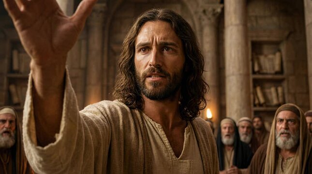 Jesus Teaching in a Grand Ancient Synagogue with Raised Hand as Crowd of Religious Men React in Shock